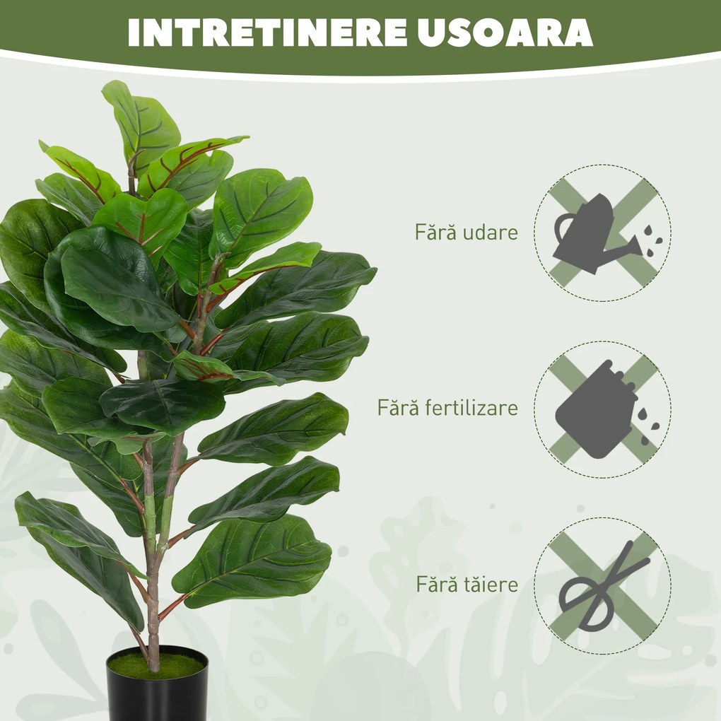 HOMCOM Plantă Artificială Ficus Lyrata Înaltă de 80 cm, Plantă Artificială Realistică pentru Interioare cu Vas, Decorațiune pentru Casă și Birou, Verde | Aosom Romania