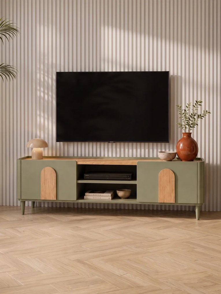 Comodă TV Amilio 170 cm cu sertar pe picioare - eucalipt / stejar baltic dune / mânere stejar natural