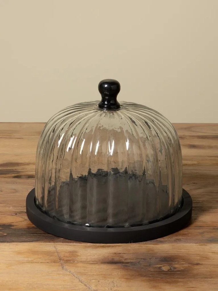 Platou cu capac din sticlă canelată și lemn de mango, negru, clopot cu mâner pentru tort și pâine, 22 x 30 cm, „Pumkin”
