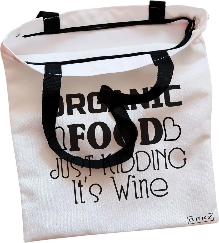 Sacosa de Panza pentru Cumparaturi, Geanta Tote, model Organic food, Just kidding, it's Wine, Cu fermoar, 38x34.5 cm, Alba, BEKZ®
