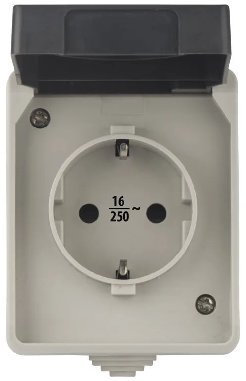 Priza simpla cu impamantare si protectie, cu capac, 16A, montaj aplicat, protectie IP44, pentru exterior, Emos