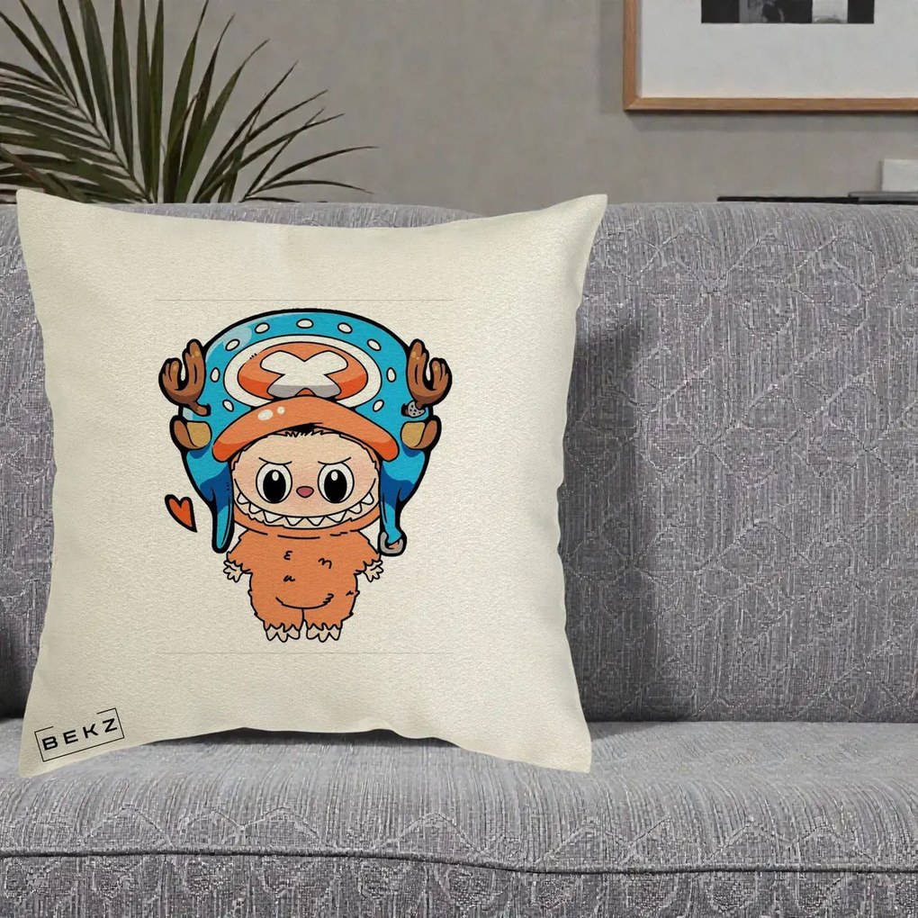 Perna Personalizata Labubu x Tony Tony Chopper, 40x40 cm, Ecru, Husa Detasabila, Perna Inclusa, BEKZ®