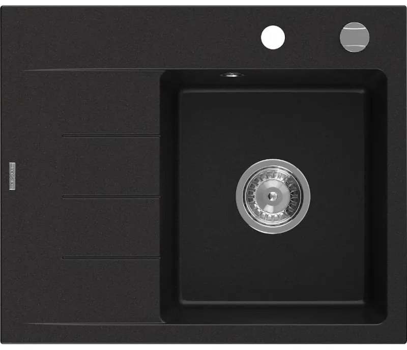 Mexen Ben chiuvetă de granit cu o cuvă, cu scurgător, dreapta 600 x 500 mm, negru, sifon cromat - 6523605000-77
