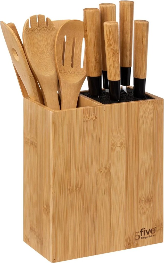 Set de accesorii de bucătărie într-un suport din bambus: 6 cuțite și 5 ustensile