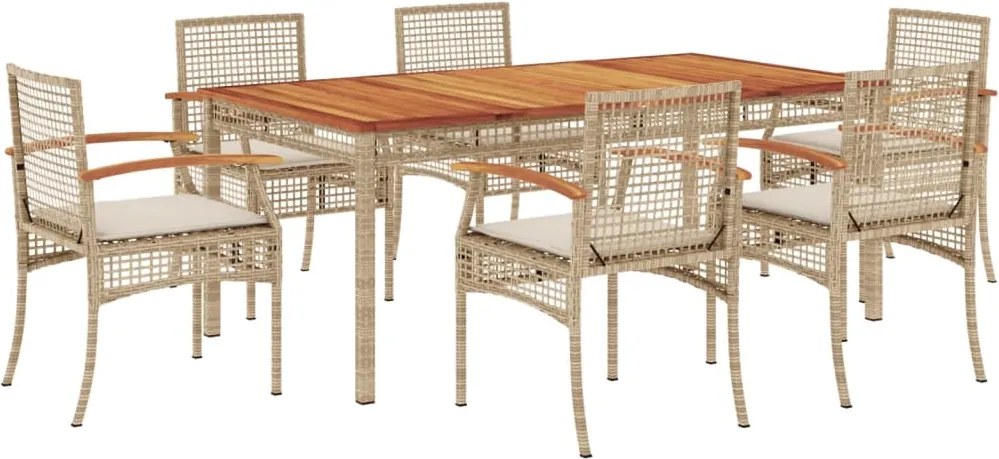 vidaXL Set de masă pentru grădină, 7 piese, cu perne, bej, poliratan