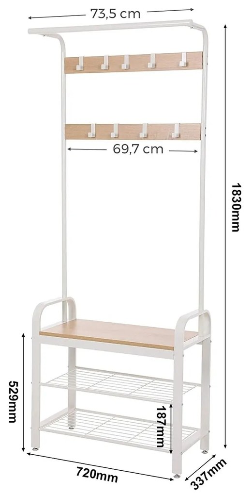 Cuier cu bancheta si pantofar, Vasagle, 72 x 33.7 x 183 cm, fier/PAL, crem