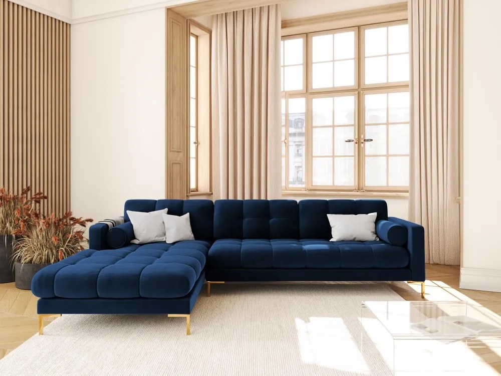 Colțar tapițat Bali, Albastru regal/5 locuri/picioare gold/partea stângă/ L293 x l185 x h75