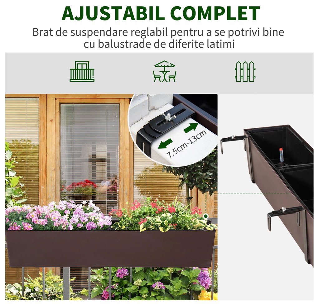 Jardiniera de Balcon Outsunny cu Carlig pentru Balustrada Reglabila, Indicator Nivel Apa si Disc cu Auto-Irigare, 99x18x19cm