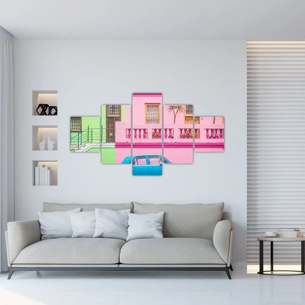 Tablou cu mașina - casele colorate (125x70 cm), în 40 de alte dimensiuni noi
