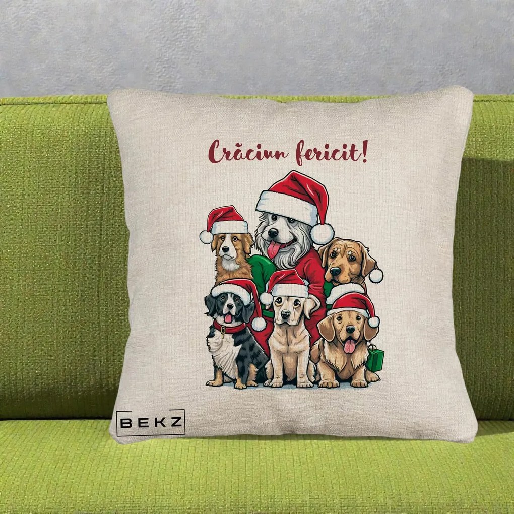 Perna Decorativa Caini cu Bonete Craciun Fericit, 40x40 cm, Bej Canapea, Husa Detasabila, Perna Inclusa, BEKZ®
