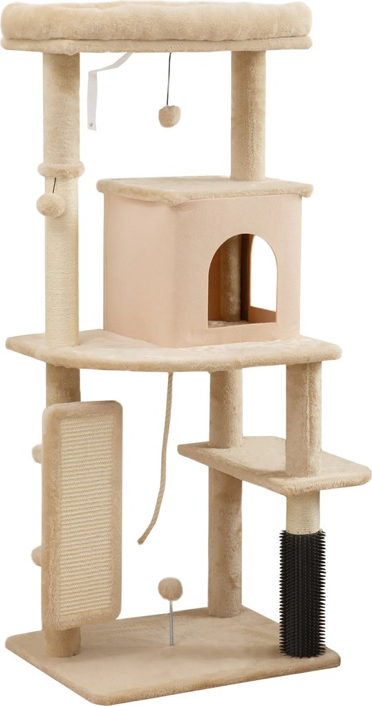 PawHut Arbore pentru Pisici Multilevel Înalt 132 cm cu Căsuță, Culcuș, Stâlpi Zgâriători, Perie și Biliță, Bej | Aosom Romania