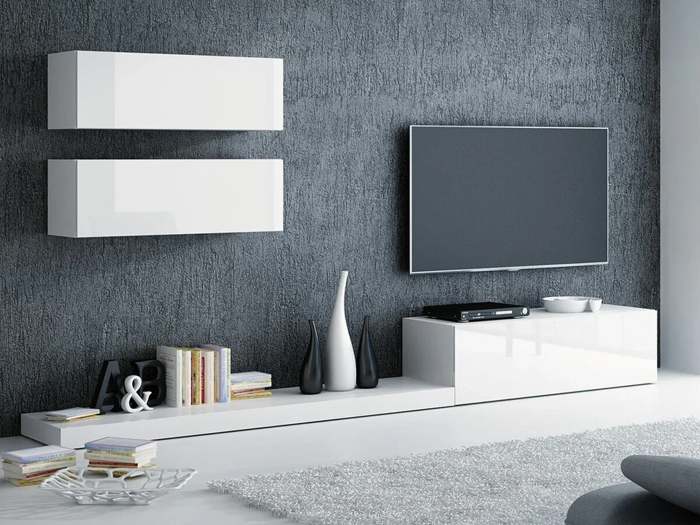 Camera de zi Charlotte 114Alb, Alb lucios, Cu comodă tv, Părți separate, PAL laminat, 300x42cm, 68 kg