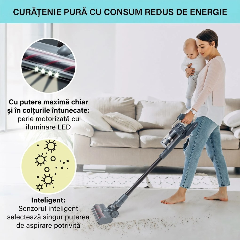 Klarstein LARMA, aspirator, fără fir, fără sac, timp de funcționare maxim 45 min, LED