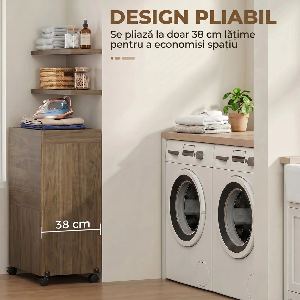 HOMCOM Dulap Masă de Călcat Pliabil cu Roți și Suport pentru Fier de Călcat, Dulap Multifuncțional cu Rafturi, Compartiment Deschis, pentru Spălătorie, Baie, 154x55x87 cm, Maro | Aosom Romania