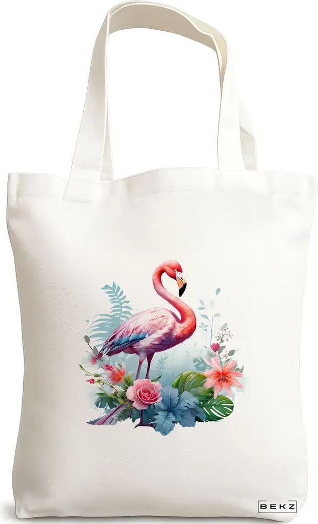Sacosa de Panza pentru Cumparaturi, Geanta Tote, model Flamingo 4 38 x 34.5 cm, Alba, BEKZ®