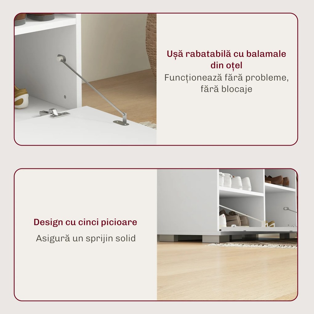 HOMCOM Set de Depozitare pentru Hol 4-în-1, Cuiere, Oglindă, Bancă pentru Încălțăminte cu Scaun, 85x35x49 cm, Alb | Aosom Romania