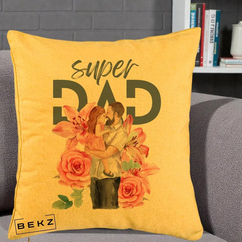 Cadou pentru Tata - Perna Personalizata Super Dad Tata cu Fetita si Flori, 40x40 cm, Galben, Husa Detasabila, Perna Inclusa, BEKZ®