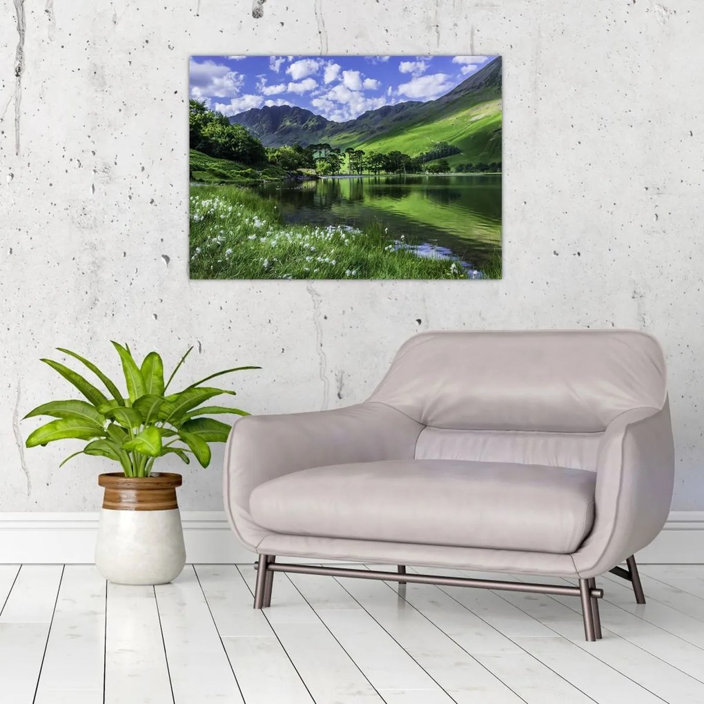 Tablou pe sticlă - Peisaj cu un lac (70x50 cm)
