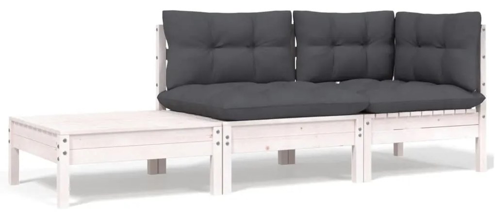 vidaXL Set mobilier de grădină cu perne, 3 piese, alb, lemn masiv pin