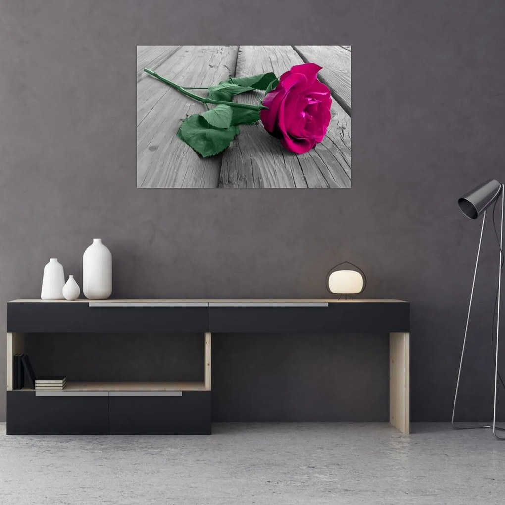 Tablou - Trandafir roz cu tulpina verde (90x60 cm)