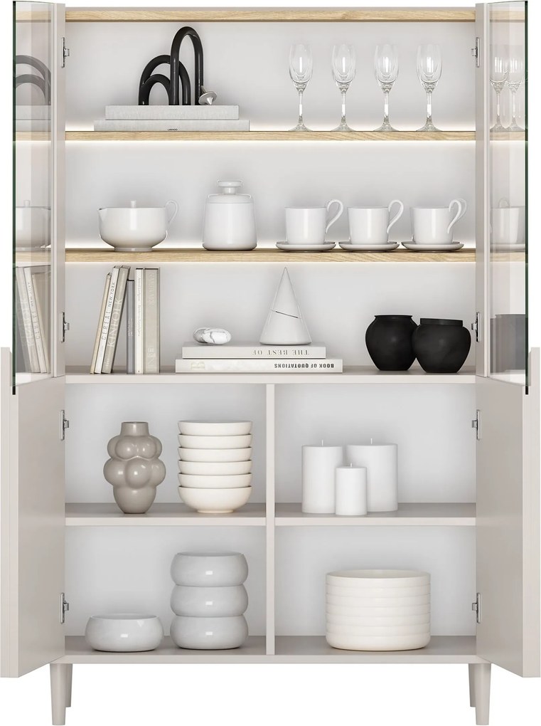 Vitrină cu picioare Amilio 100 cm, două uși - cașmir / stejar uleiat / mânere cașmir