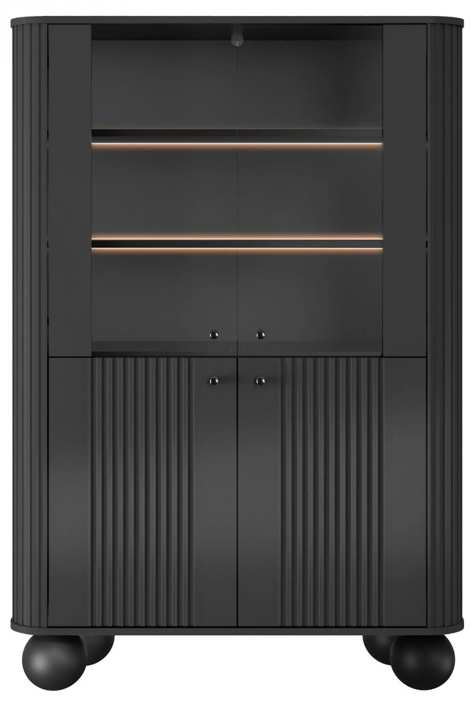 Vitrină Vesper 103 cm cu 4 uși - negru / mânere negre / picioare sferice