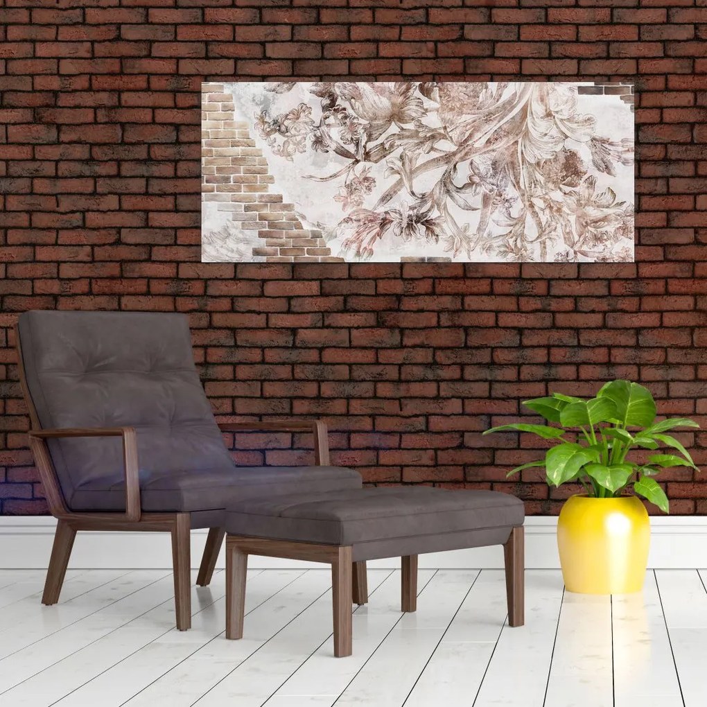 Tablou - Frescă florală pe un perete de cărămidă (120x50 cm)