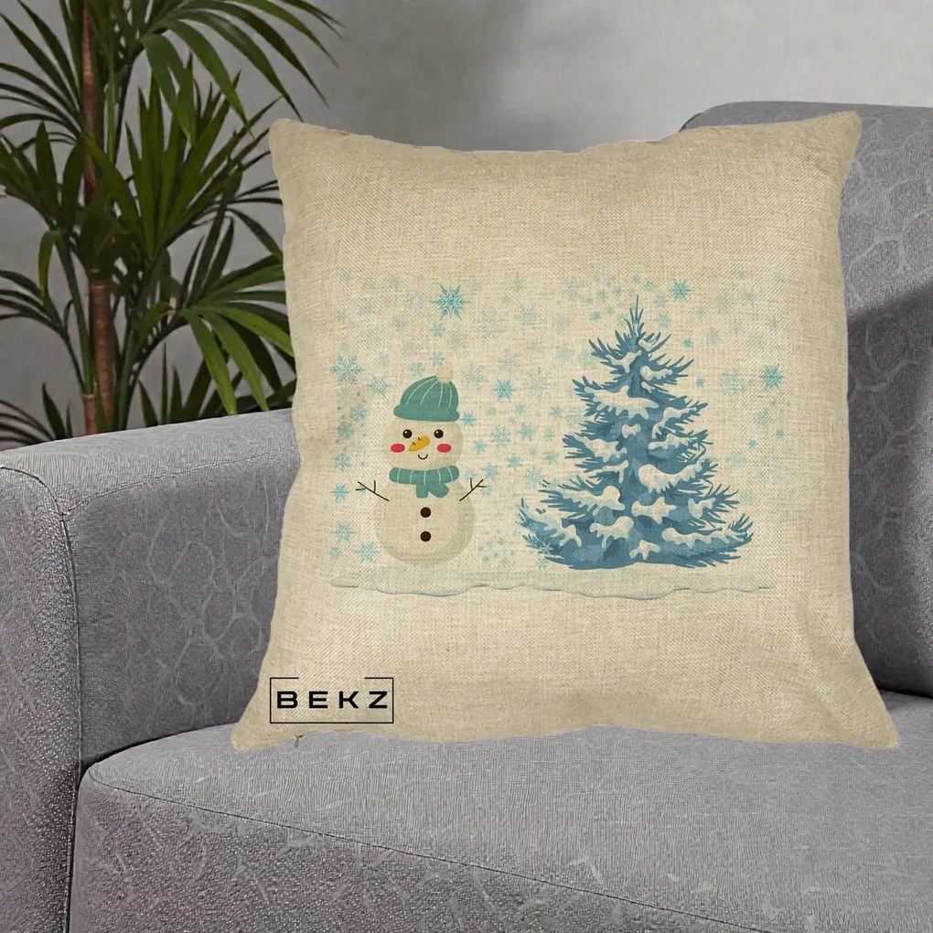 Perna Decorativa Om de Zapada si Brad Craciun, 40x40 cm, Crem, Husa Detasabila, Perna Inclusa, BEKZ®