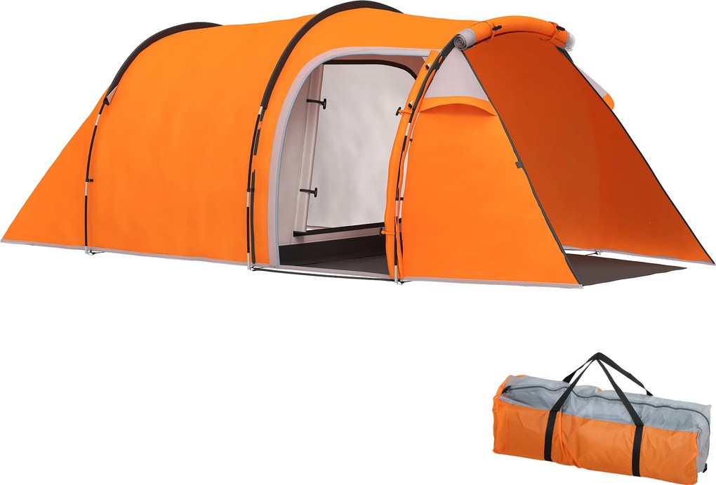 Outsunny Cort tunel pentru 2-3 persoane, cort de camping cu vestibul, cârlig pentru lampă, rezistență la apă 2000 mm Portocaliu | Aosom Romania