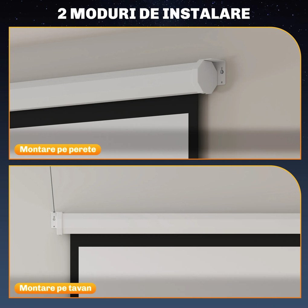 HOMCOM Ecran de Proiecție 84 Inch Format 4:3, Ecran Rulabil cu Unghi de 160° și Montare pe Tavan sau Perete, 181x8x138 cm, Alb | Aosom Romania