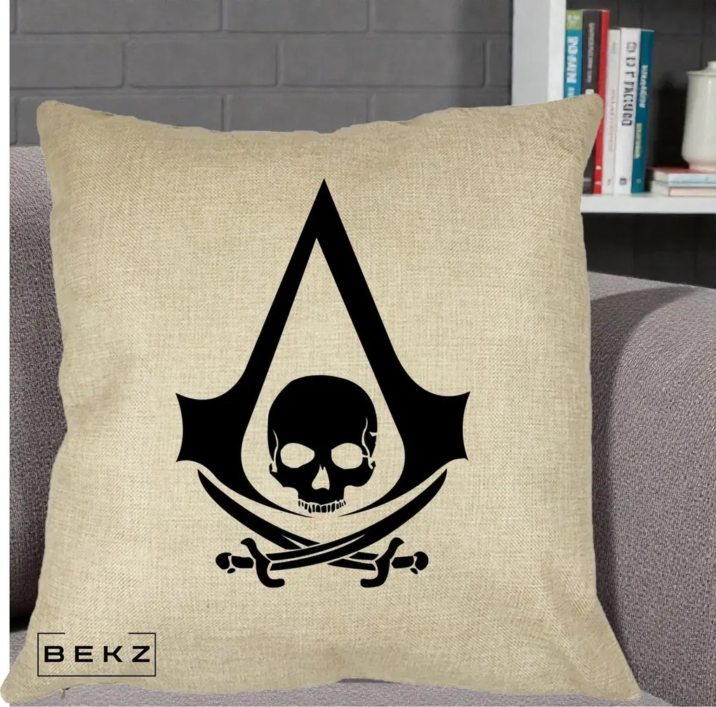 Perna Personalizata Assassin's Creed Black Flag Skull, 40x40 cm, Crem, Husa Detasabila, Perna Inclusa, BEKZ®