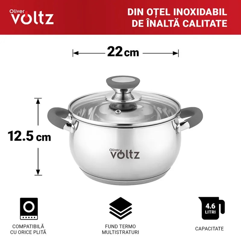 Oala Oliver Voltz OV51210N22, 22 cm, 4,6 l, Inductie, Manere din silicon gri, Inox/Gri