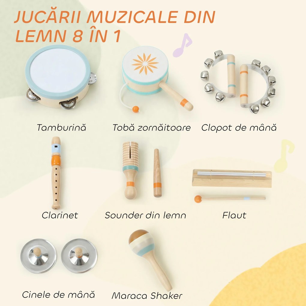 AIYAPLAY Instrumente Muzicale pentru Copii, Jucării Muzicale Montessori din Lemn pentru Copii 3+, Set de Percuție cu Tamburină și Maracas, Cadou pentru Fete și Băieți | Aosom Romania