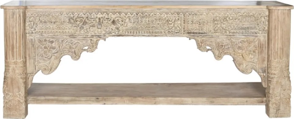 Consolă hol sculptată din lemn, natur, cu raft, friză florală, arcade polilobate și stâlpi sculptați, 91 x 233 x 47 cm, „Imperial”
