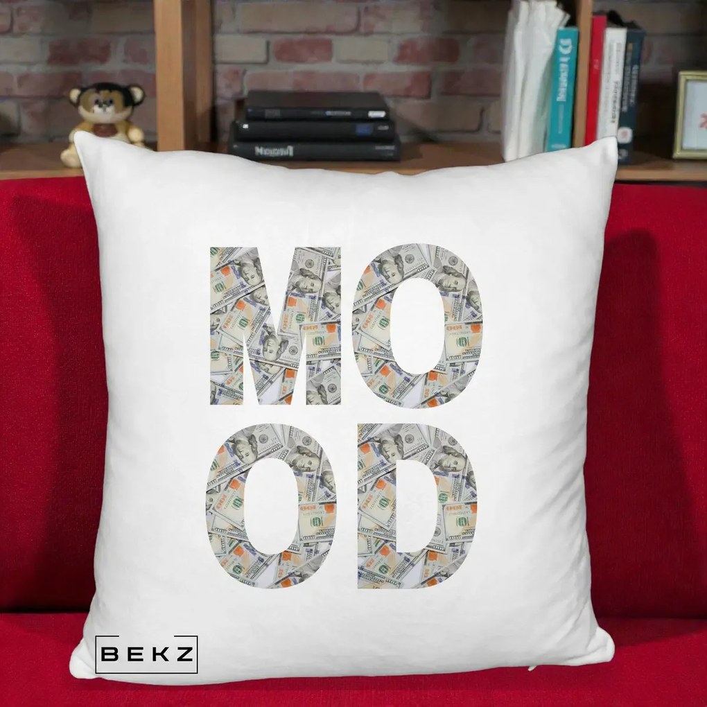 Perna Decorativa MOOD Money Grafic Urban, 40x40 cm, Alb Pufos, Husa Detasabila, Perna Inclusa, BEKZ®