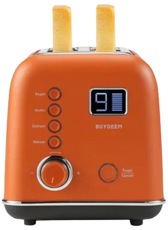 Prajitor de paine BUYDEEM DT730E, 900W, 2 felii, 9 programe automate, 9 trepte de prajire, Carcasa din otel inoxidabil, Afisaj LCD, Indicatori LED, Auto-centrare, Timer, Portocaliu