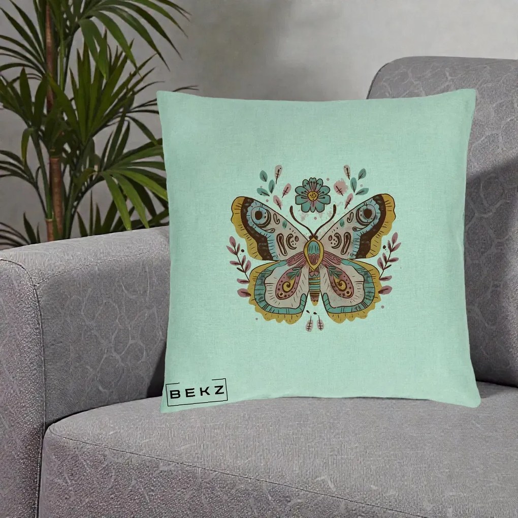 Perna Decorativa Fluture Boho Floral, 40x40 cm, Verde Menta, Husa Detasabila, Perna Inclusa, BEKZ®