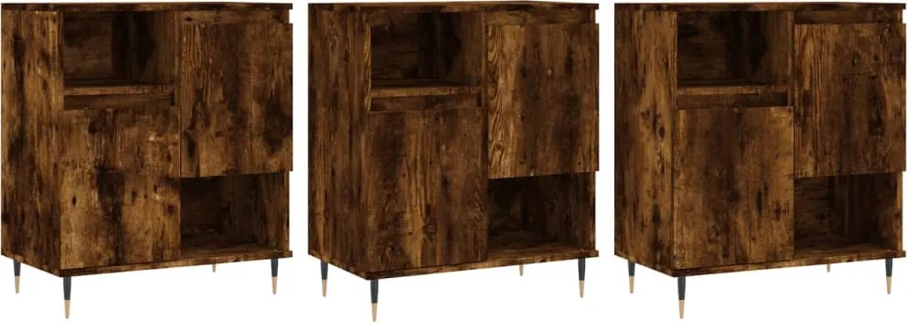 vidaXL Servantă, 3 buc., stejar fumuriu, lemn prelucrat