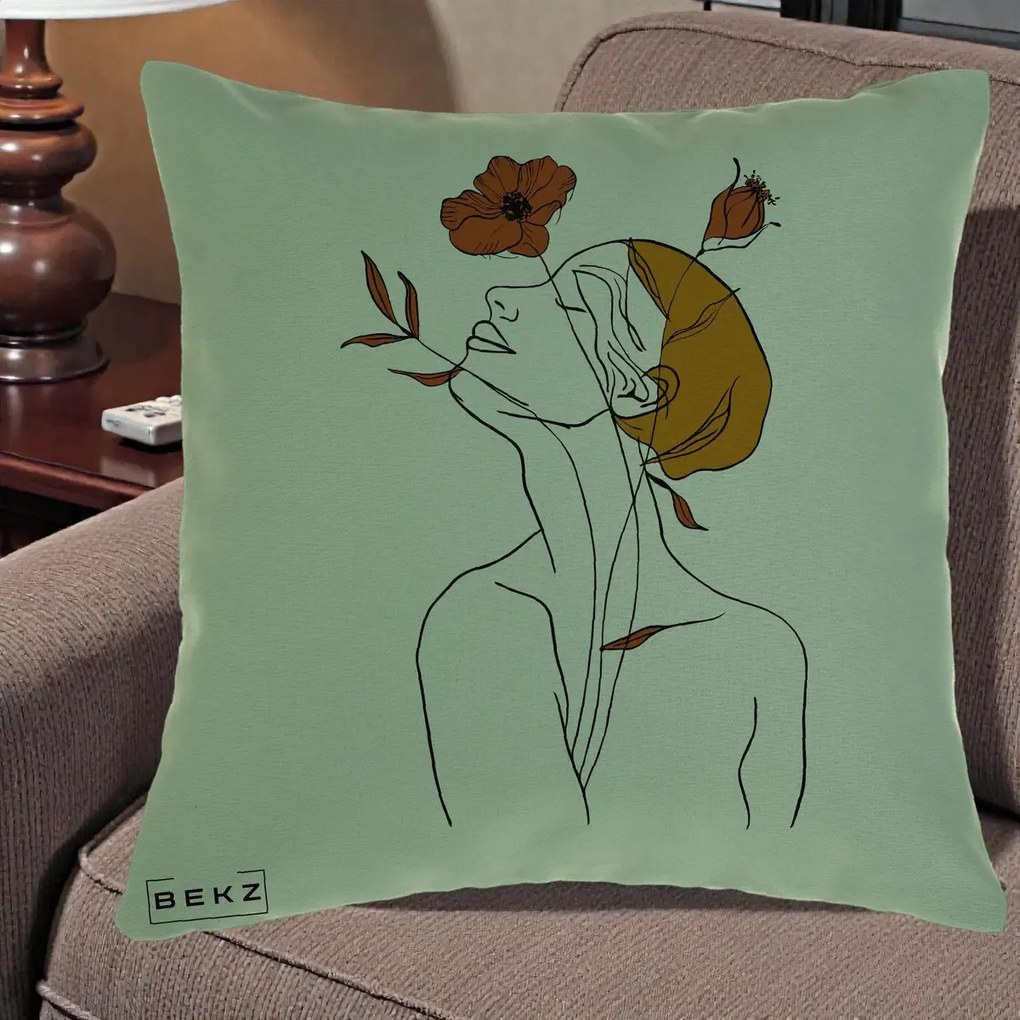 Perna Decorativa Portret Feminin Mac Privire Inalta, 40x40 cm, Verde, Husa Detasabila, Perna Inclusa, BEKZ®