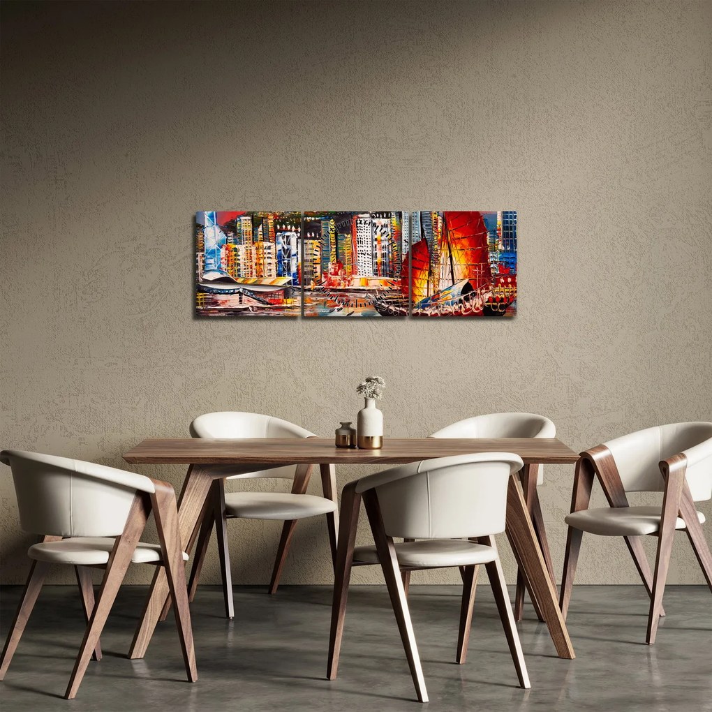 Tablou - Victoria Harbour, Hong Kong, pictură în ulei (cu ceas) (90x30 cm)