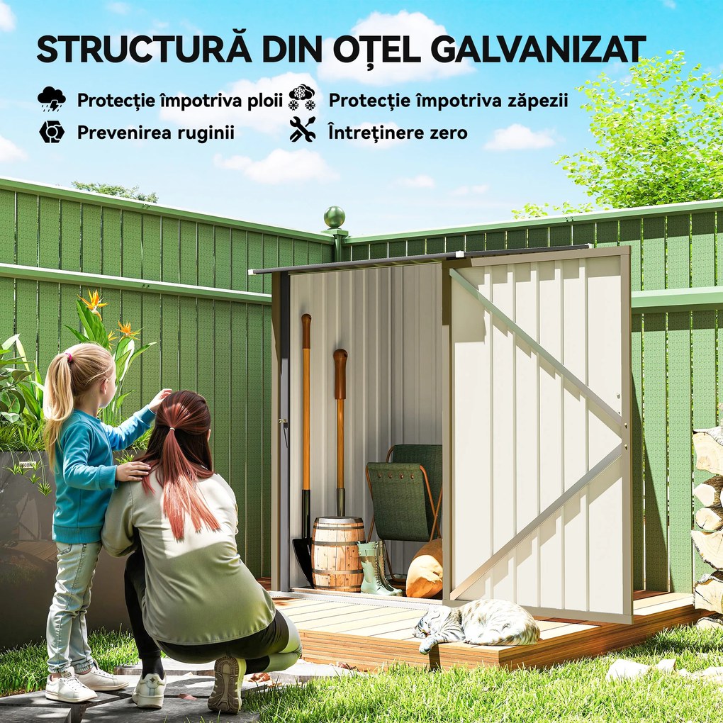 Outsunny Căsuță de Grădină 0.92m² din Oțel Galvanizat, Căsuță pentru Unelte cu Ușă Blocabilă și Acoperiș Înclinat, 100x104x160 cm, Maro și Gri Închis | Aosom Romania