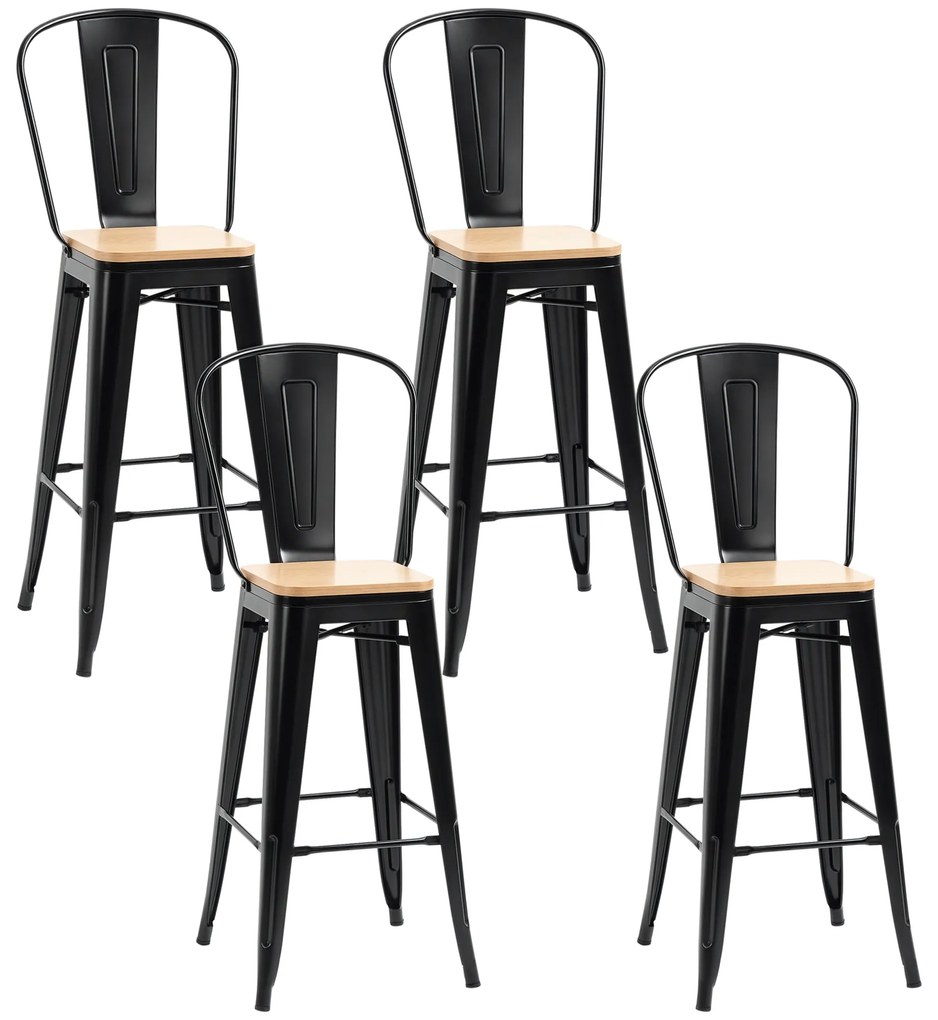 HOMCOM, Set de 4 taburete de bar, stil industrial, cu spătar, suport pentru picioare, înălțime 76 cm, Negru | Aosom Romania