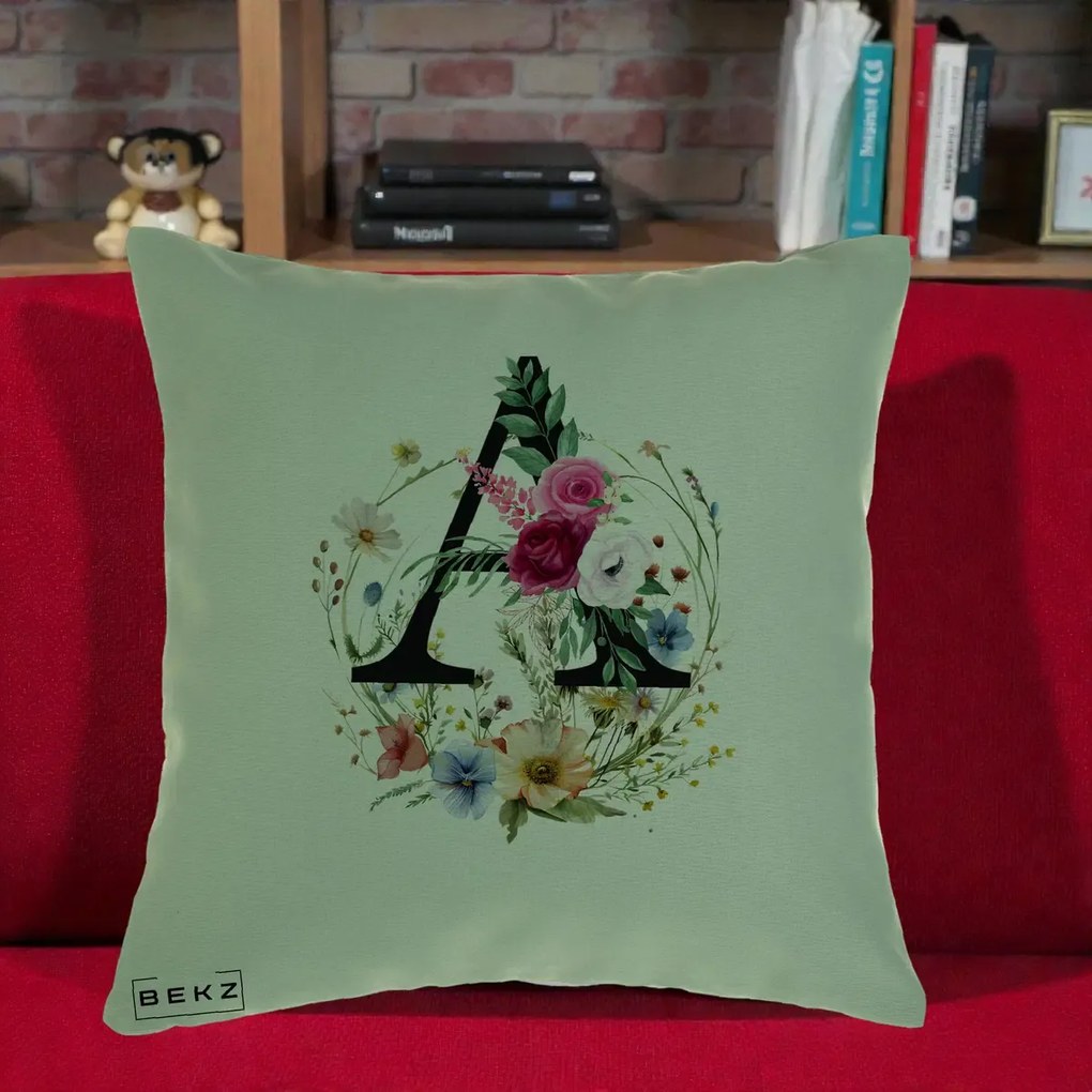 Cadou Personalizat - Perna Personalizata Monogram Litera A cu Flori Acuarela, 40x40 cm, Verde, Husa Detasabila, Perna Inclusa, BEKZ®
