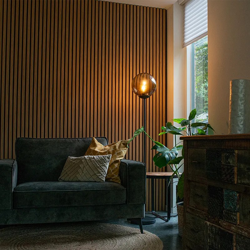 Lampă de podea Art Deco neagră cu sticlă fumurie - Pallon