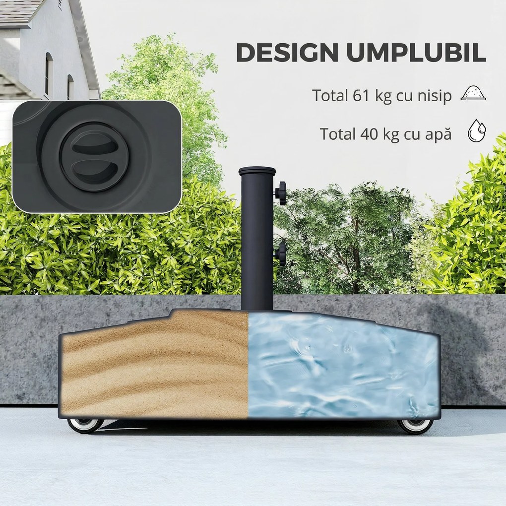 Outsunny Bază Umbrelă cu Roți și Frâne, cu Apă 40kg/Nisip 61kg, pentru Stâlpi de Ø35/38/48mm, Negru | Aosom Romania