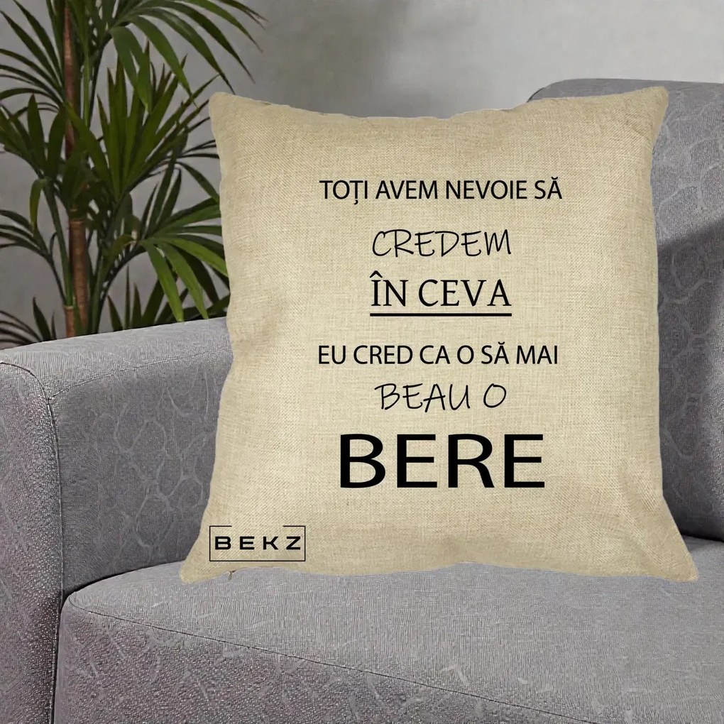 Perna Decorativa Eu Cred ca mai Beau o Bere, 40x40 cm, Crem, Husa Detasabila, Perna Inclusa, BEKZ®