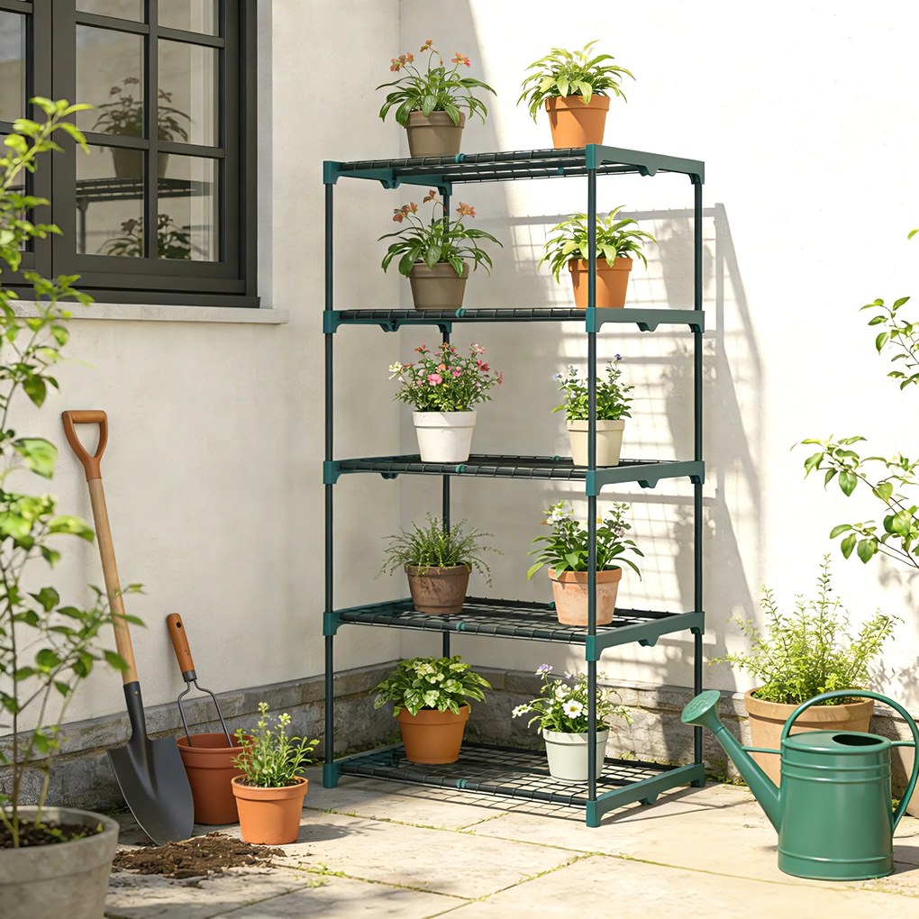 Outsunny Suport pentru Plante Vertical cu 5 Niveluri din Oțel și Plastic, Suport Ghivece pentru Interior și Exterior Grădină Balcon, 67x49x138 cm, Verde Închis | Aosom Romania