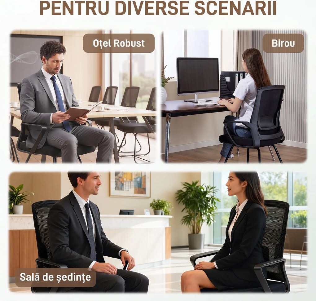 HOMCOM Scaun de Birou Fără Roți Ergonomic cu Brațe pentru Sala de Așteptare, Negru | Aosom Romania