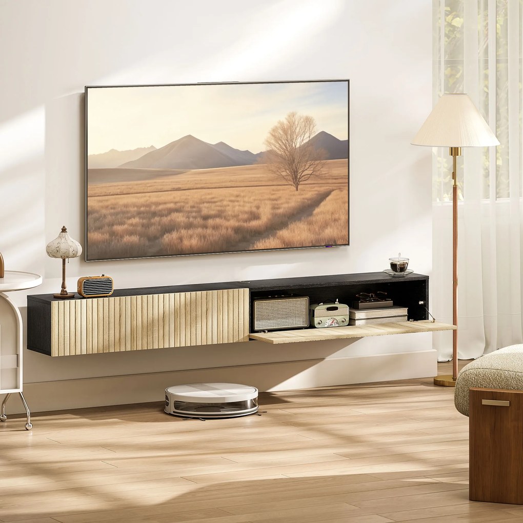 HOMCOM Comodă TV suspendată 140 cm, mobilier TV pentru televizoare 182,88 cm, 2 uși rabatabile, 140x25x22cm, lemn natural și negru | Aosom Romania