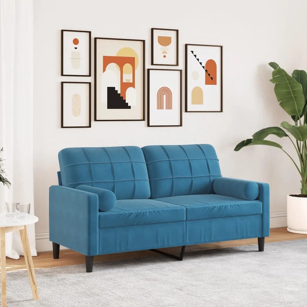 vidaXL Canapea cu 2 locuri cu pernuțe, albastru, 140 cm, catifea
